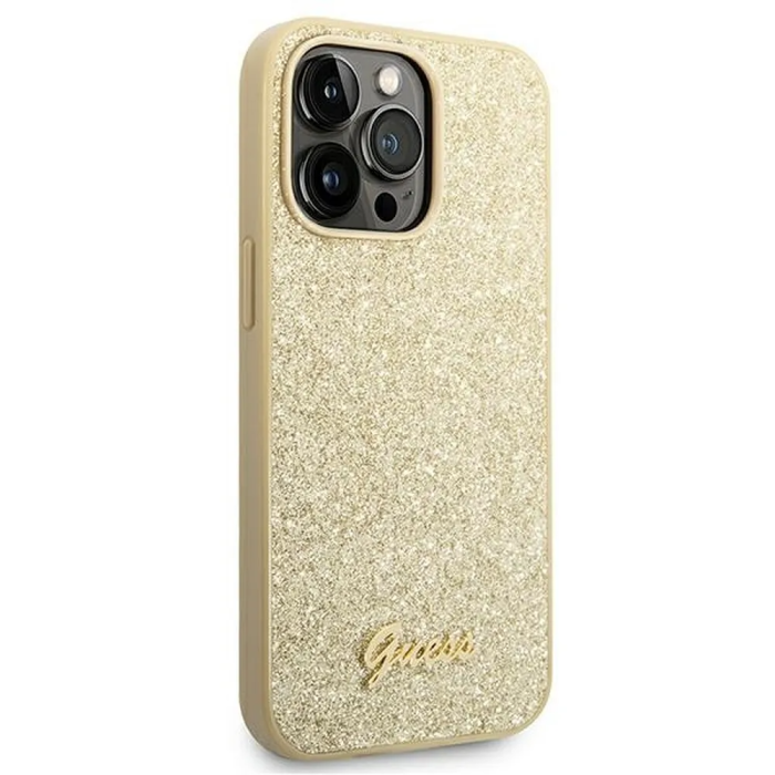 Guess - GUESS iPhone 14 Pro Skal Glitter Flakes Script Metal Logo - Guld