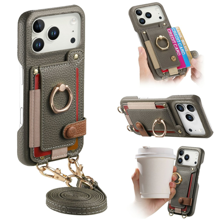 A-One Brand - iPhone 17 Pro Max Mobilskal med Korthållare Ring Kickstand - Grå