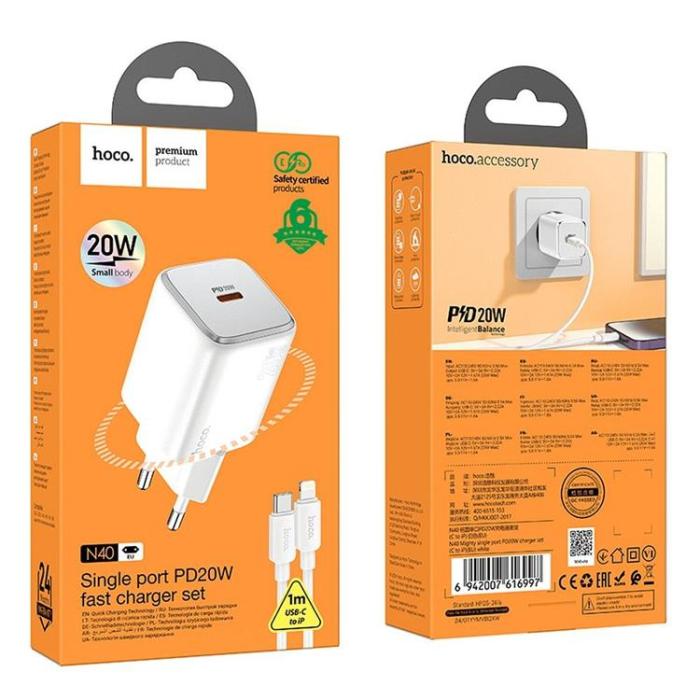 Hoco - Hoco Väggladdare 20W Type C + Kable USB-C till Lightning Kabel 1m - Vit
