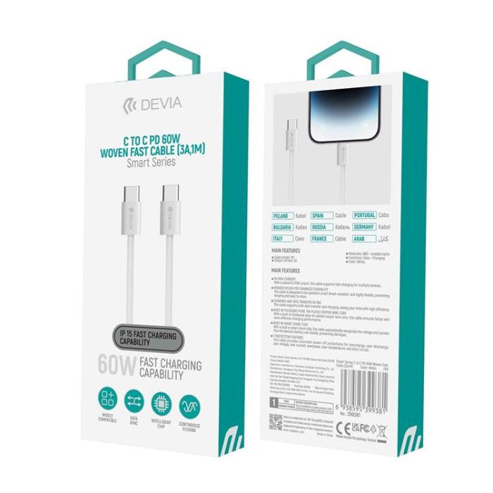 Devia - Devia USB-C Till USB-C 60W 1m Kabel 3A Smart EC325 PD - Vit