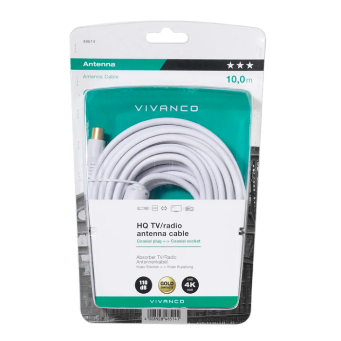 UTGATT1 - Vivanco Antenn Kabel Ferritkärna 110dB 10m - Vit