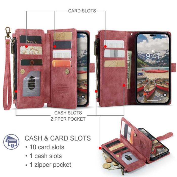 Caseme - CASEME iPhone 14 Pro Plånboksfodral C30 Zipper - Röd