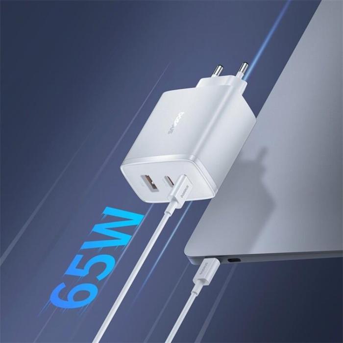 BASEUS - Baseus GaN Väggladdare 2x USB-C Till USB-A 65W Cube Pro - Vit