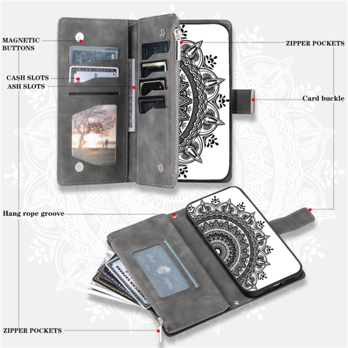 A-One Brand - Galaxy A34 5G Plånboksfodral Mandala Flower Imprinted - Svart