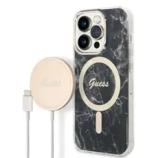 Guess - GUESS iPhone 14 Pro Magsafe Skal Marble + Tr&aring;dl&ouml;s Laddare - Svart