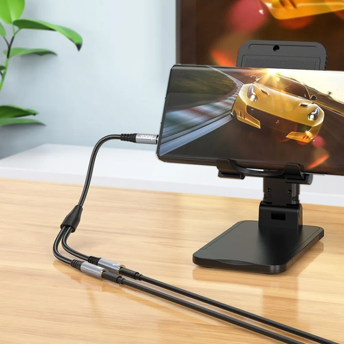 Hoco - [2in1]Hoco AUX Jack (Male) till 2x Jack (Female) Kabel 0.25m - Metal Grå