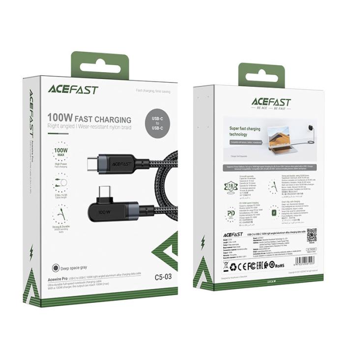 UTGATT1 - Acefast Vinklad USB-C till USB-C Kabel 100W 2m - Grå