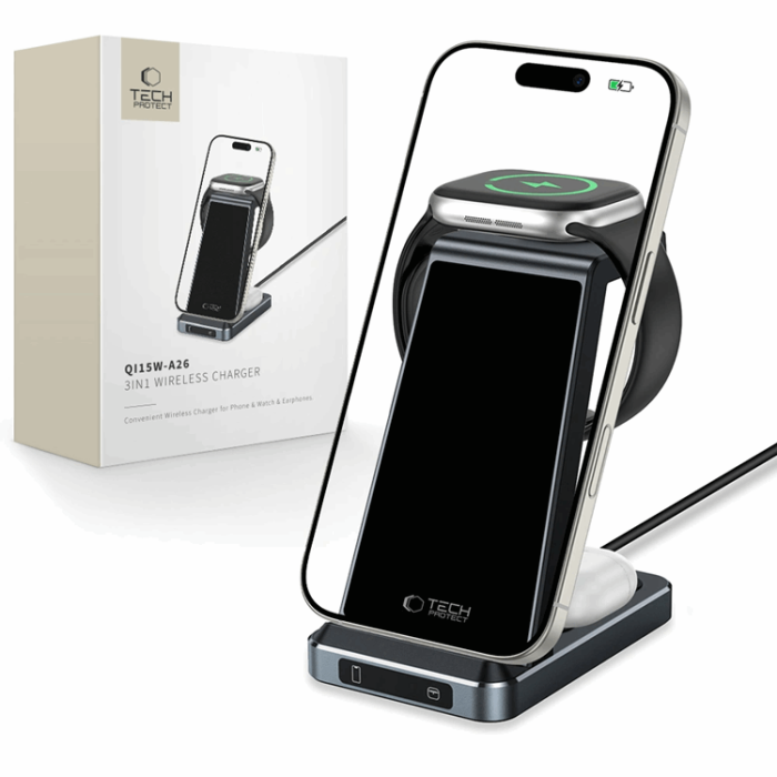 Tech-Protect - Tech-Protect 3-in-1 Trådlös Laddare iPhone, Apple Watch, AirPods - Svart