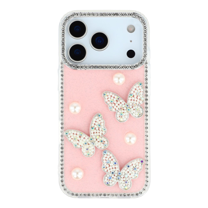 A-One Brand - iPhone 17 Pro Max Mobilskal Rhinestone Edge Pearl Butterfly