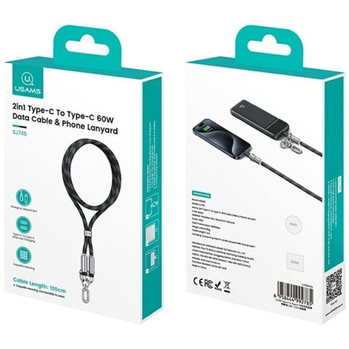 USAMS - USAMS USB-C Till USB-C Kabel 60W 1.2m Lanyard - Rosa