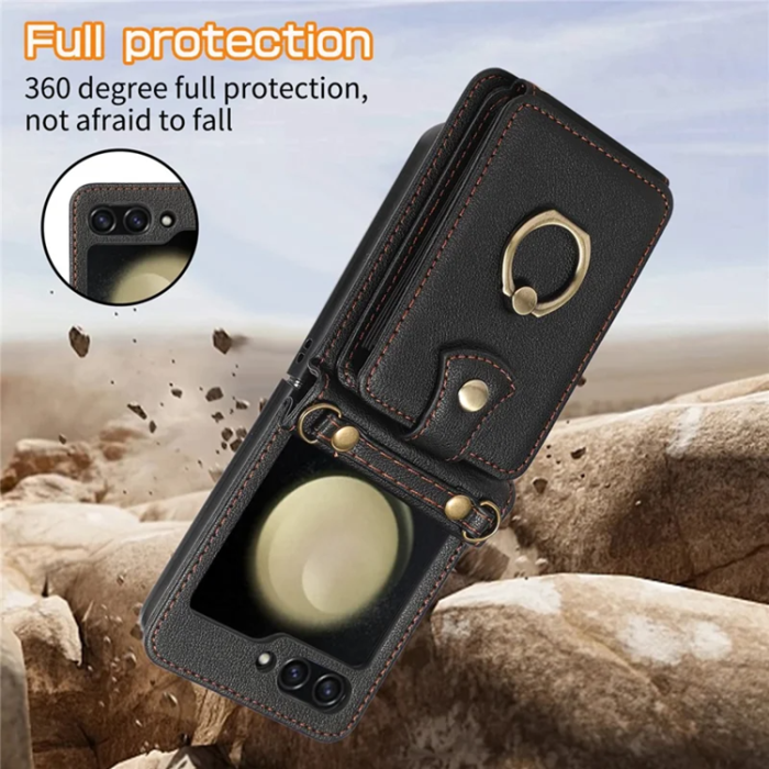A-One Brand - Galaxy Z Flip7 Plånboksfodral Ring Kickstand med Lång rem - Svart