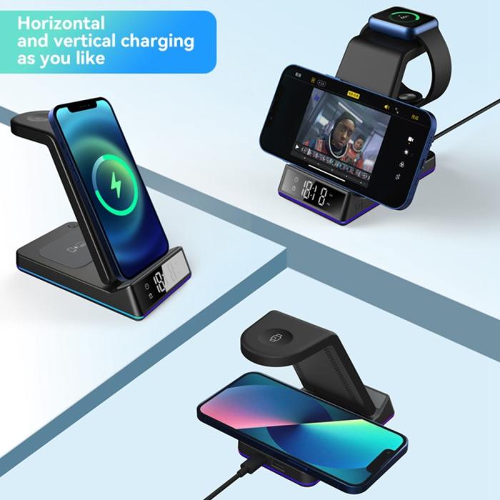 A-One Brand - 5-in-1 Trådlös laddare iPhone, Apple Watch, AirPods/Digital klocka Z6 15W