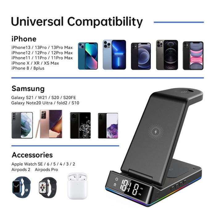 A-One Brand - 5-in-1 Trådlös laddare iPhone, Apple Watch, AirPods/Digital klocka Z6 15W