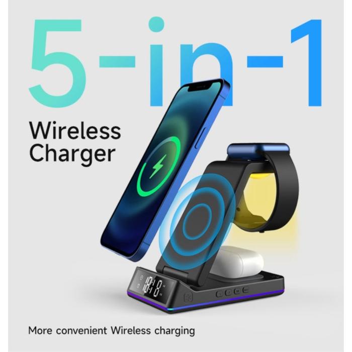 A-One Brand - 5-in-1 Trådlös laddare iPhone, Apple Watch, AirPods/Digital klocka Z6 15W