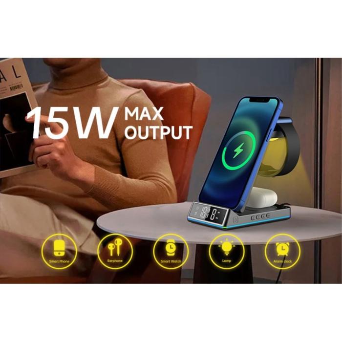 A-One Brand - 5-in-1 Trådlös laddare iPhone, Apple Watch, AirPods/Digital klocka Z6 15W