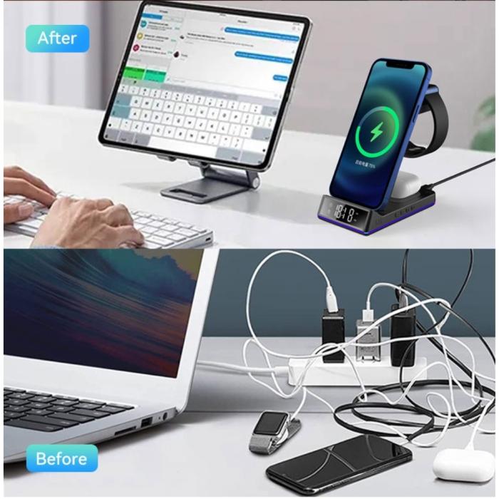 A-One Brand - 5-in-1 Trådlös laddare iPhone, Apple Watch, AirPods/Digital klocka Z6 15W