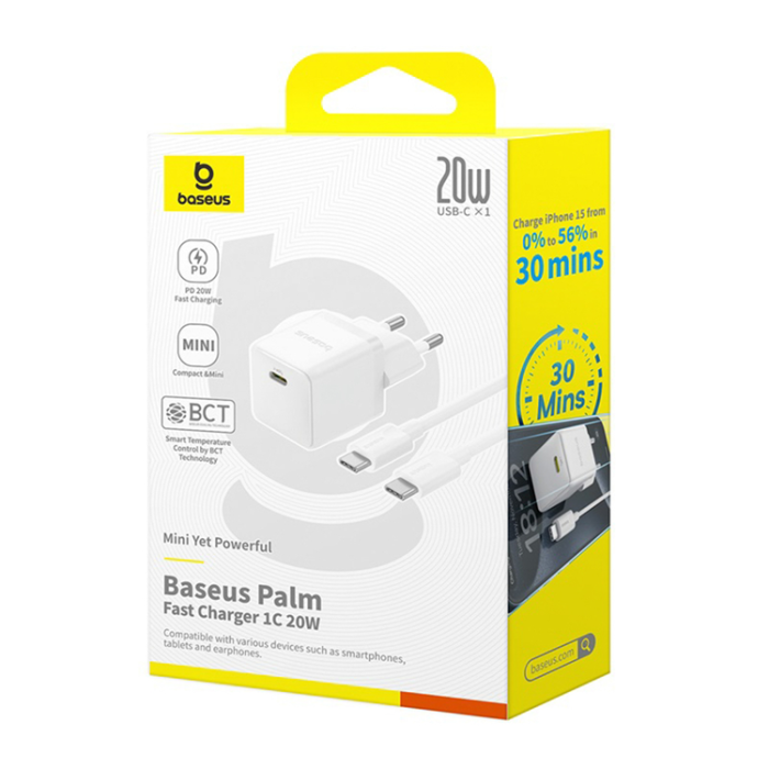 BASEUS - Baseus Snabbladdare USB-C 20W Mini USB-C Kabel 60W 1m - Vit