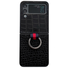 A-One Brand - Galaxy Z Flip 4 Mobilskal Äkta Läder Fingerringhållare - Svart