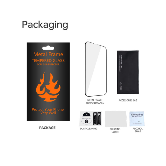 OEM - iPhone 14 Pro Härdat Glas Skärmskydd Metall Ram - Svart