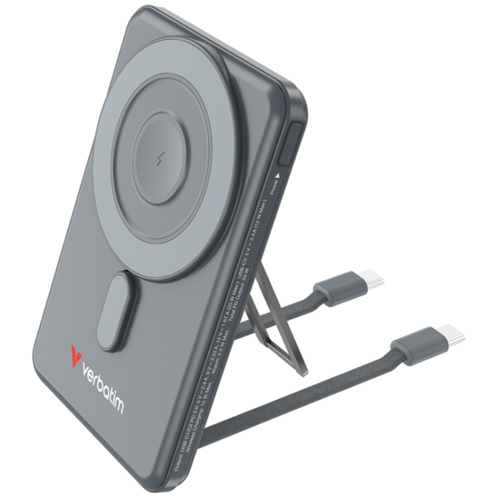 Verbatim - Verbatim MagSafe Powerbank 5000mAh 15W 2xUSB-C Kablar n Go - Grå