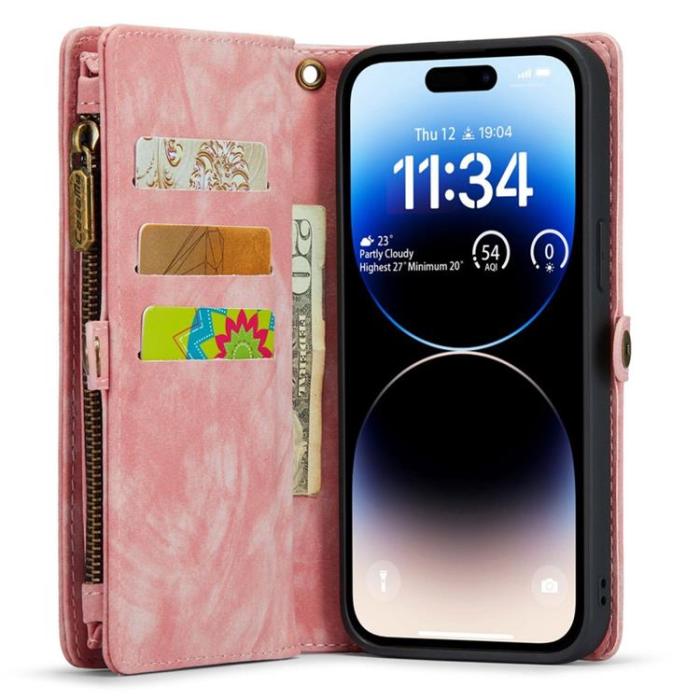 Caseme - CASEME iPhone 14 Pro Plånboksfodral Äkta Läder Detachable - Rosa