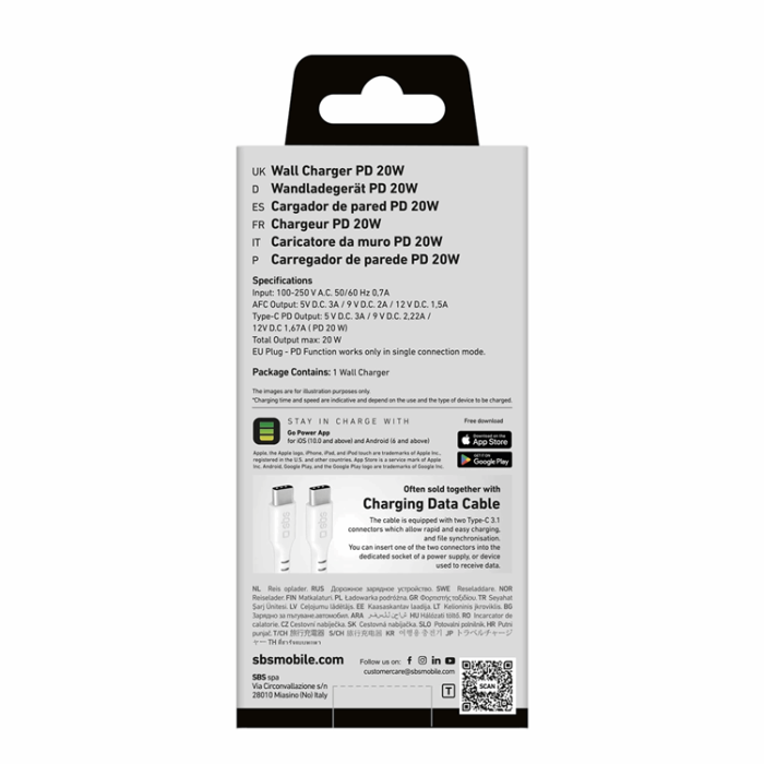 SBS - SBS Snabbladdare 20W USB-A USB-C med PD - Vit