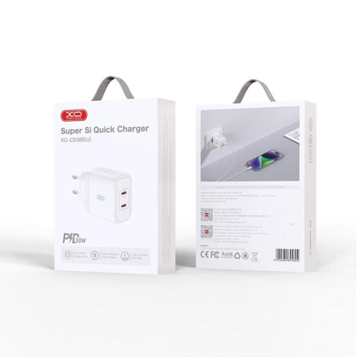 XO - XO Väggladdare 2x USB-C 50W PD - Vit