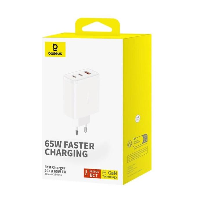 BASEUS - Baseus GaN Väggladdare 2x USB-C Till USB-A 65W Cube Pro - Vit