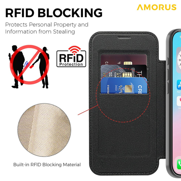 Amorus - AMORUS iPhone Air Plånboksfodral MagSafe RFID - Svart