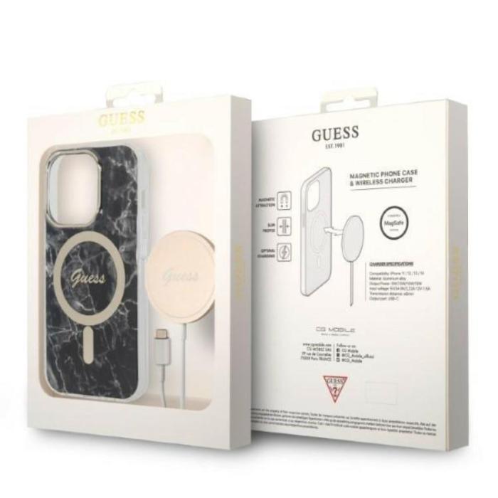 Guess - GUESS iPhone 14 Pro Magsafe Skal Marble + Trådlös Laddare - Svart
