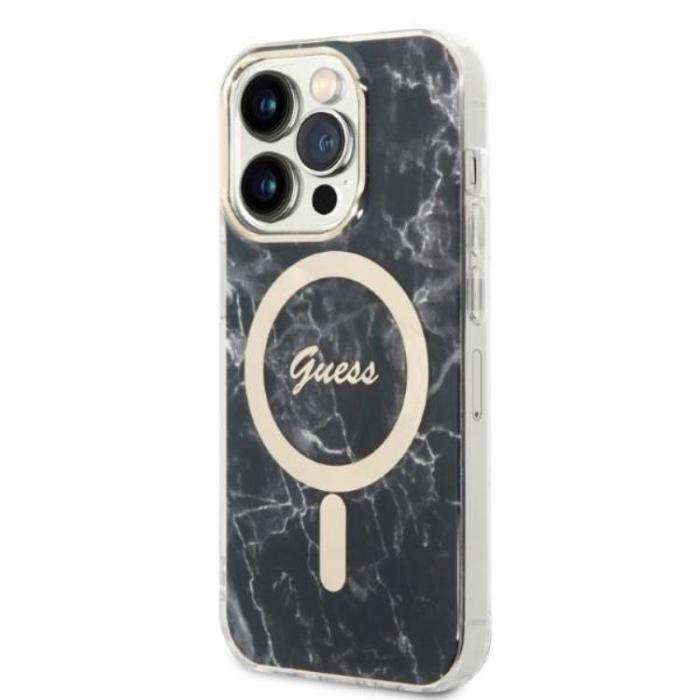 Guess - GUESS iPhone 14 Pro Magsafe Skal Marble + Trådlös Laddare - Svart