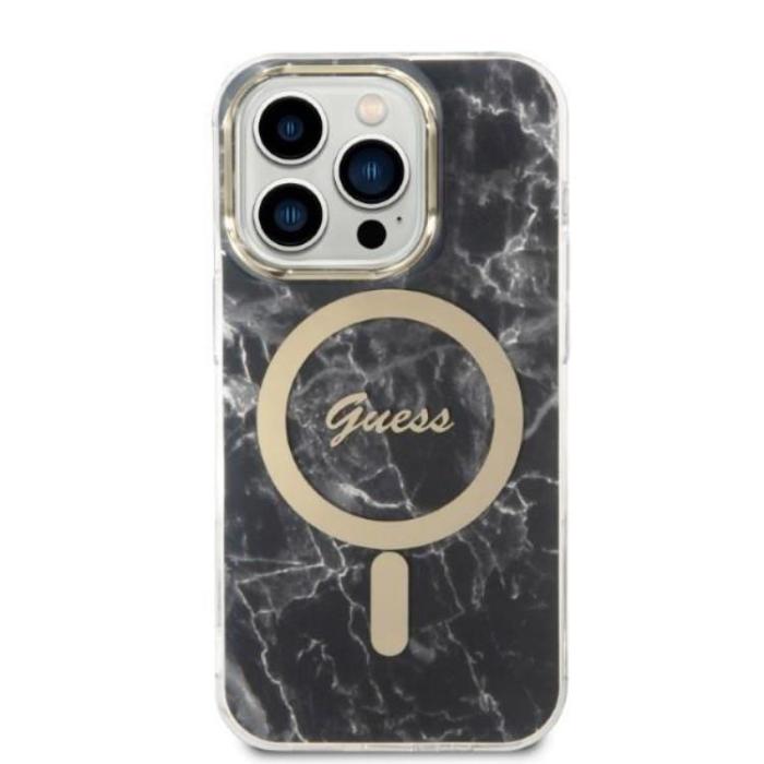 Guess - GUESS iPhone 14 Pro Magsafe Skal Marble + Trådlös Laddare - Svart