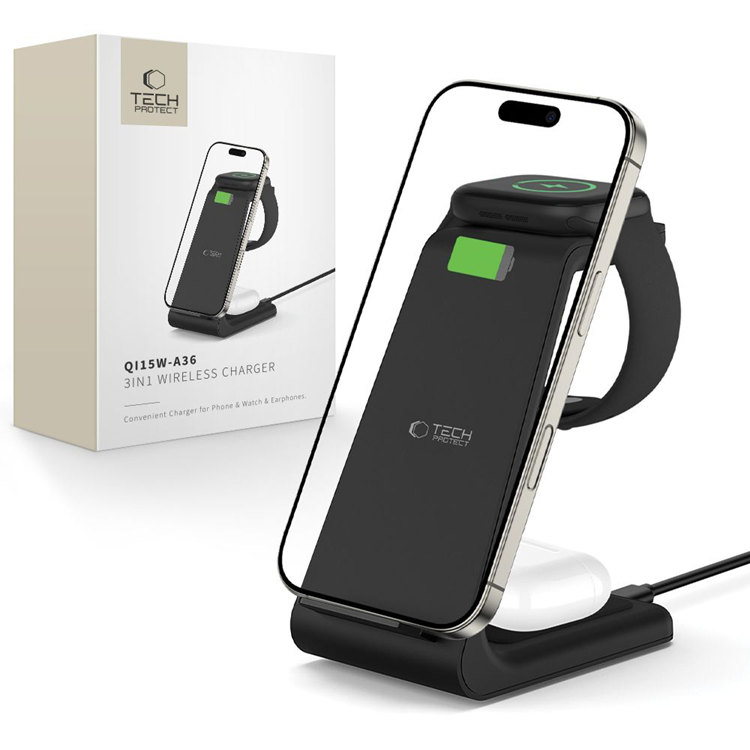 Tech-Protect 3-in-1 Trådlös Laddare iPhone Apple Watch AirPods - Svart | 505295 | AlltMobil