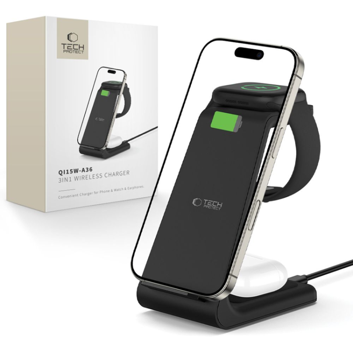 Tech-Protect - Tech-Protect 3-in-1 Trådlös Laddare iPhone, Apple Watch, AirPods - Svart