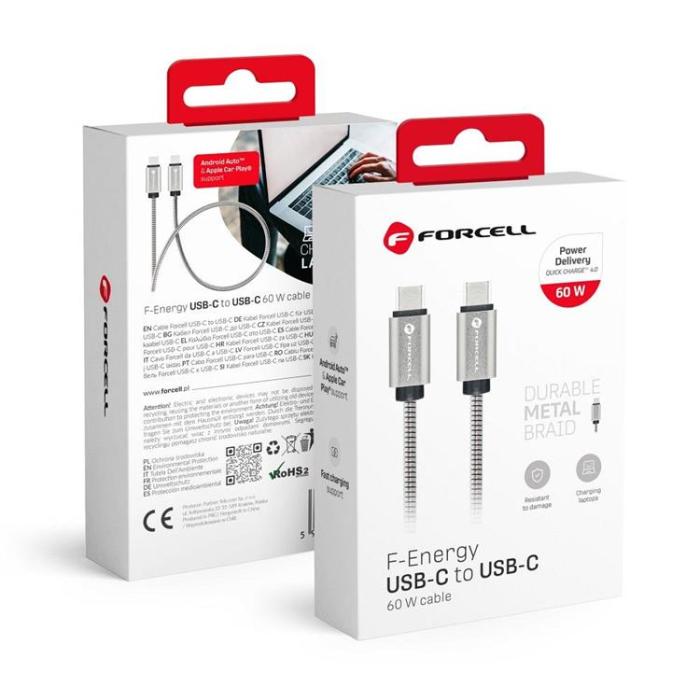 Forcell - Forcell USB-C till USB-C kabel C239 1m E-Mark Metal - Silver