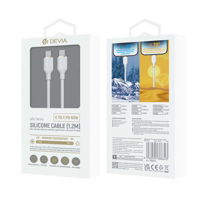 Devia - Devia USB-C Till USB-C 60W Kabel 3A 1.2m Jelly EC632 - Vit