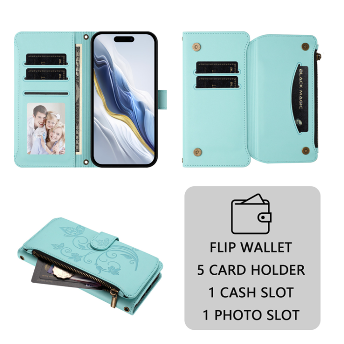A-One Brand - iPhone 17 Pro Plånboksfodral Butterfly Floral Imprint - Mintgrön