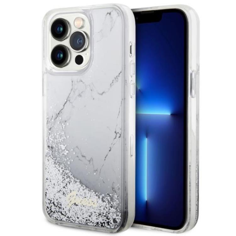 Guess iPhone 14 Pro Max Mobilskal Liquid Glitter Marble - Vit | 2353 | AlltMobil