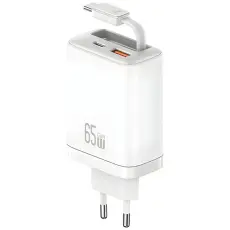 USAMS - USAMS Snabbladdare 65W 1xUSB-C 1xUSB-A Med USB-C Kabel - Vit