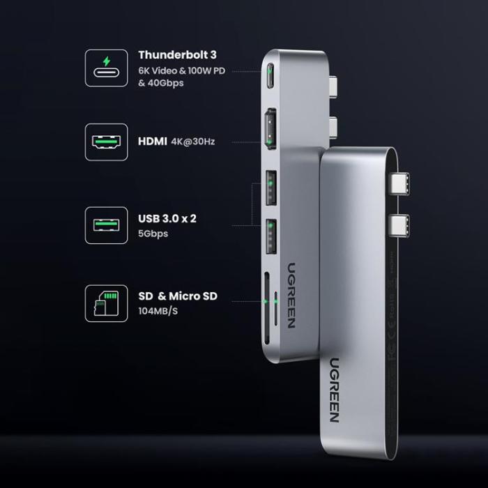 Ugreen - Ugreen HUB CM380 2xUSB C - HDMI/2xUSB 3.0/SD TF/USB C PD - Grå
