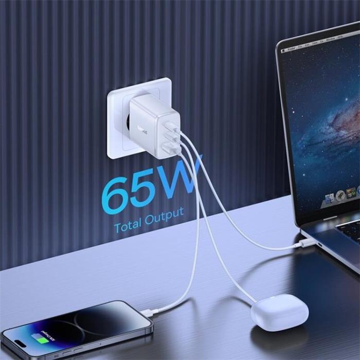 BASEUS - Baseus GaN Väggladdare 2x USB-C Till USB-A 65W Cube Pro - Vit