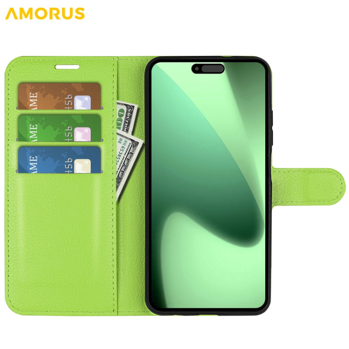 Amorus - AMORUS iPhone 17 Pro Max Plånboksfodral Flipstativ Litchi - Grön