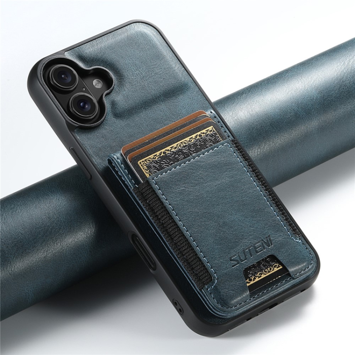 SUTENI - SUTENI iPhone 16 Mobilskal Korthållare Waxy Läder - Blå