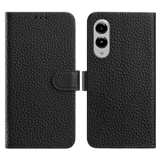 A-One Brand - Galaxy S25 Edge Plånboksfodral Äkta Läder Litchi - Svart