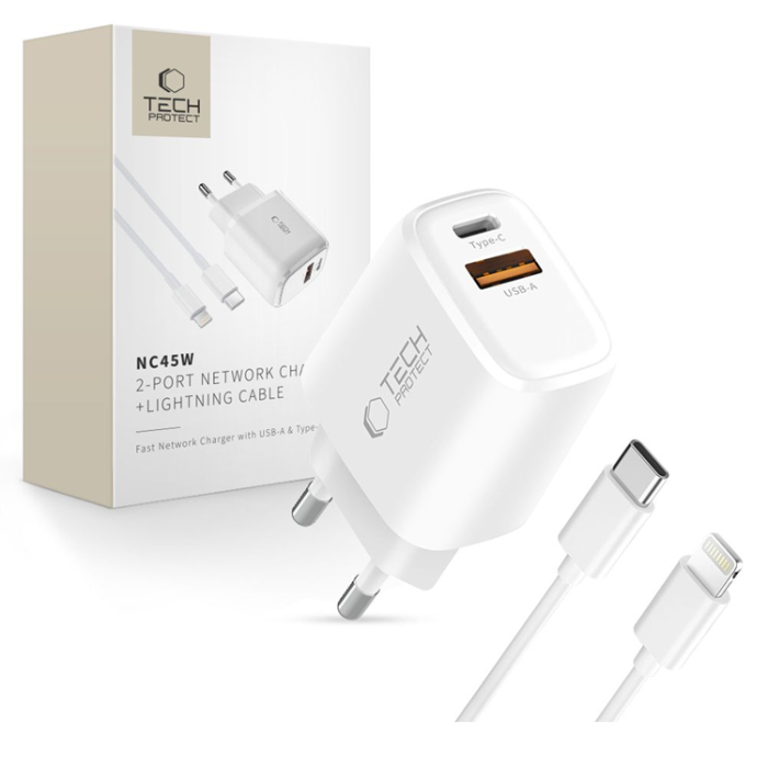 Tech-Protect - Tech-Protect Väggladdare 2-Port Med USB-C till Lightning - Vit