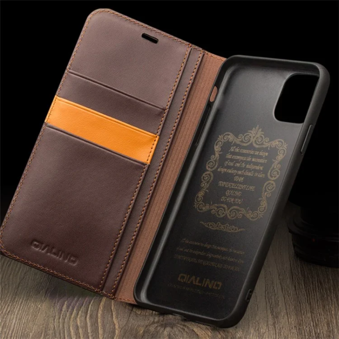 QIALINO - Qialino iPhone 11 Plånboksfodral Äkta läder - Coffee