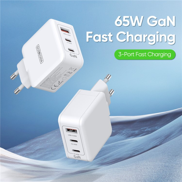 USAMS - DUZZONA GaN Snabbladdare 65W USB-A/2x USB-C EU T9 PD - Vit