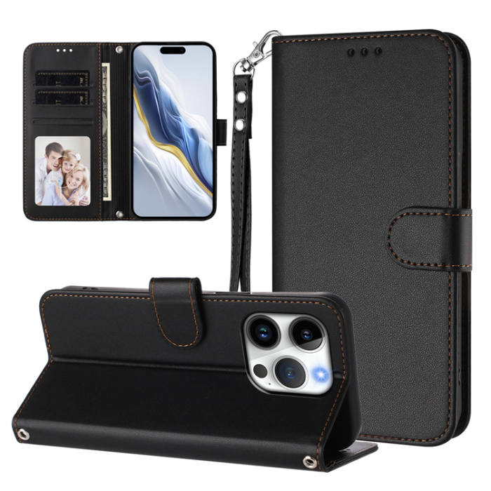 A-One Brand - iPhone 16 Pro Max Plånboksfodral Läder med Handledsrem - Svart