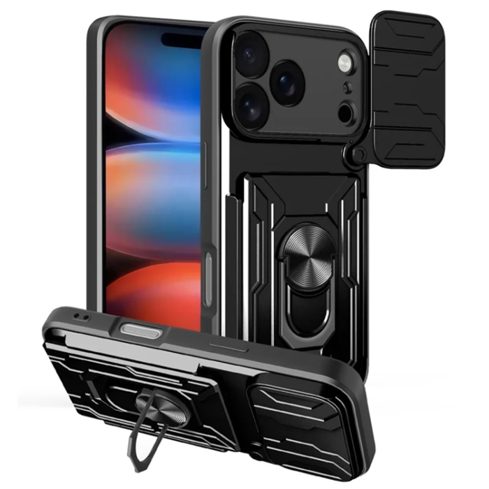 A-One Brand - iPhone 17 Pro Max Mobilskal Kamera Slider PC + TPU Kickstand - Svart