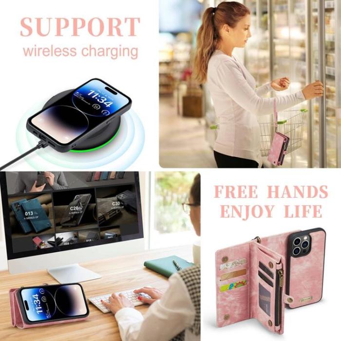 Caseme - CASEME iPhone 14 Pro Plånboksfodral Äkta Läder Detachable - Rosa